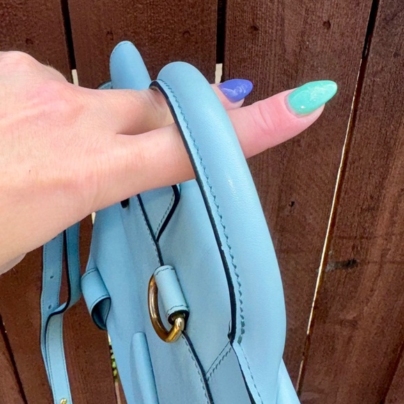 Orla Kiely Blue Punched Stem Leather Zip Crossbody Convertible Backpack Handbag - Picture 8 of 16